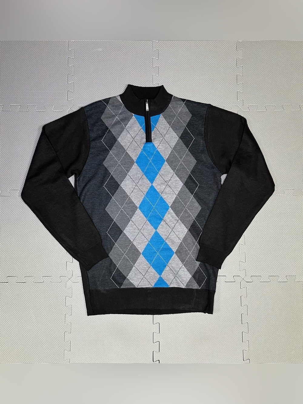 Phat Farm Men’s Argyle Quarter Zip Sweater Black Gray Blue Mens M Fleece